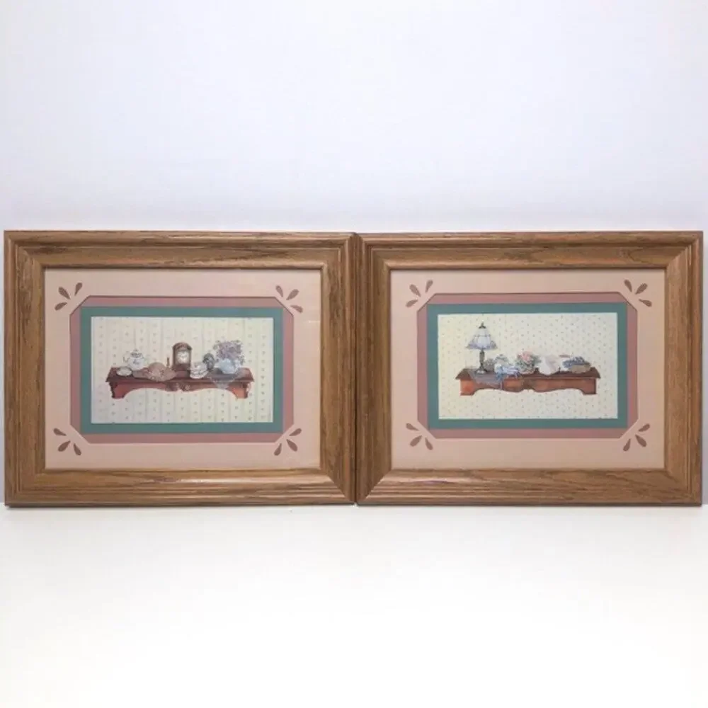 Set of Two Vintage Framed Victorian Inspired Shelf Art